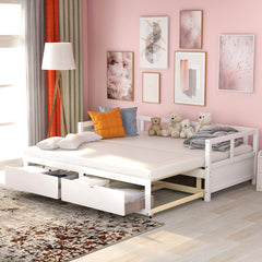 Extendable Daybed with Trundle Bed and Two Storage Drawers - White