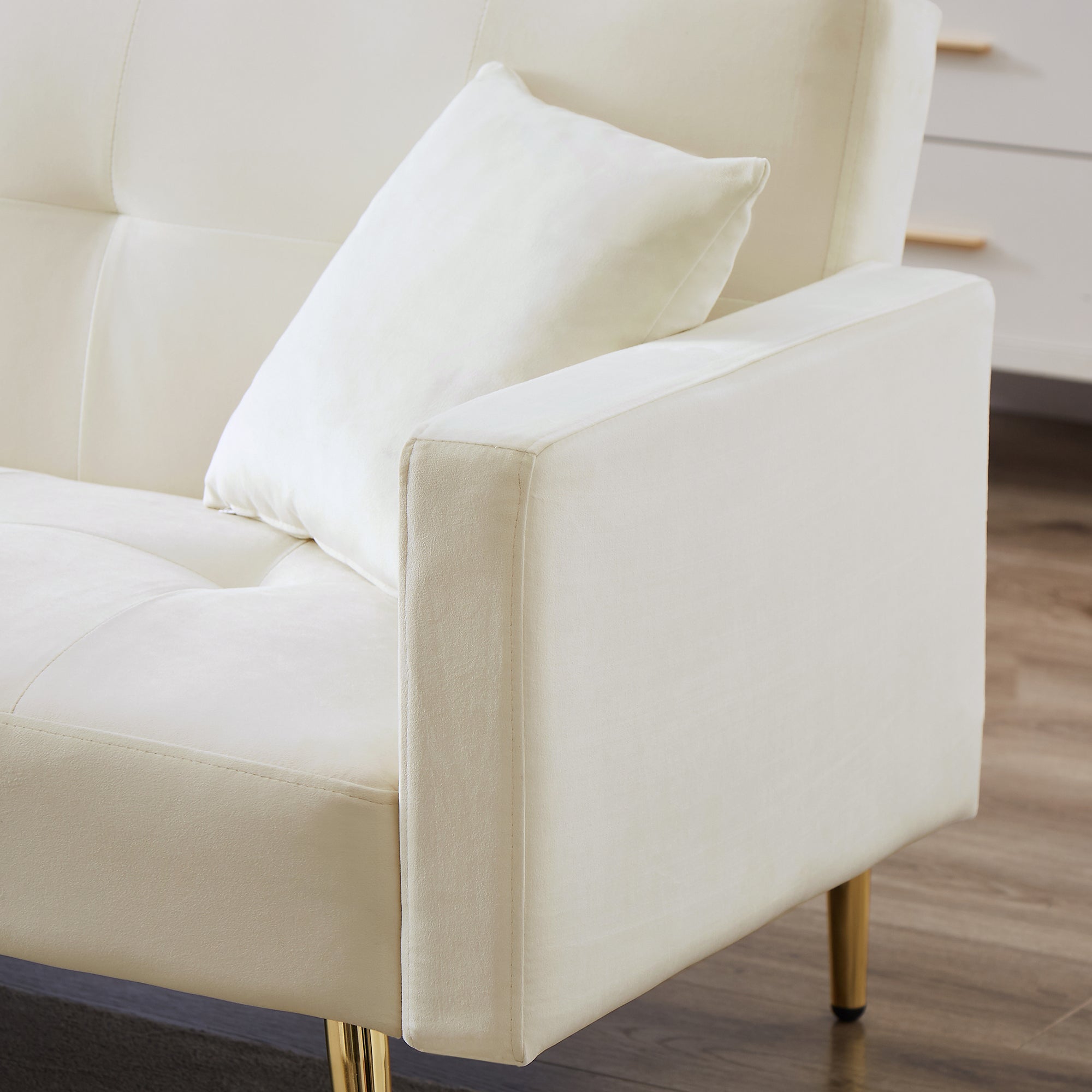 Cream White Velvet Sleeper Convertible Folding Futon Sofa Bed