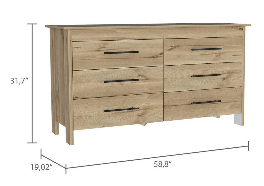 6-Drawer Rectangle Dresser - Light Oak and White