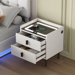 Nightstand with Wireless Charging Station,USB Charging and Adjustable LED Lights, Modern End Table with 2 Drawers - White