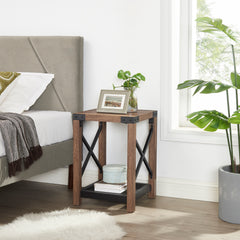 Farmhouse Wood Side Table, Nightstand with Mesh Shelf, 2-Tier End Table - Brown