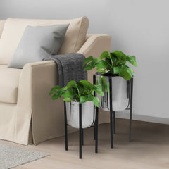 Iron Plant Stand with Bowl Shape and Tubular Metal Frame (Set of 2) - Silver and Black