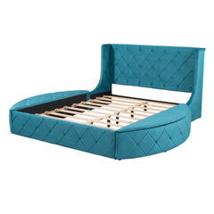 Queen Size Bed Storage with Wingback Headboard and 1 Big Drawer 2 Side Storage Stool - Velvet Blue