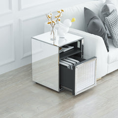 Mirrored Nightstand, LED Nightstand, Smart Bedside Table, Silver End Table (Built-in 142 Dynamic Effects and 18 Music Effects)