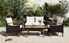 4-Piece Garden Furniture, Patio Seating Set, PE Rattan Outdoor Sofa Set, Wood Table and Legs - Brown and Beige