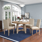 5-Piece Farmhouse Dining Table Set Wood Round Extendable Table and 4 Upholstered Chairs - Natural Wood Wash