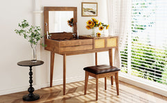 43.3" Classic Wood Makeup Vanity Set with Flip-top Mirror and Stool - Brown