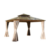 12'x12' Hardtop Gazebo, Permanent Outdoor Gazebo with Polycarbonate Double Roof, Aluminum Gazebo Pavilion with Curtain and Net for Garden, Patio, Lawns, Deck, Backyard (Wood-Looking)