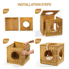 Rattan Cat Litter or Bed with Rattan Ball and Cushion - Natural Brown