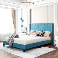 Queen Size Upholstered Platform Bed - Velvet Blue