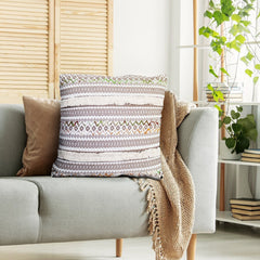 Handcrafted Square Jacquard Cotton Accent Throw Pillow, Vintage Applique Embroidery - Brown & White