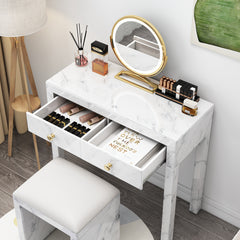 Tempered Glass Vanity Set, Dressing Table with Soft Cushioned Stool - White
