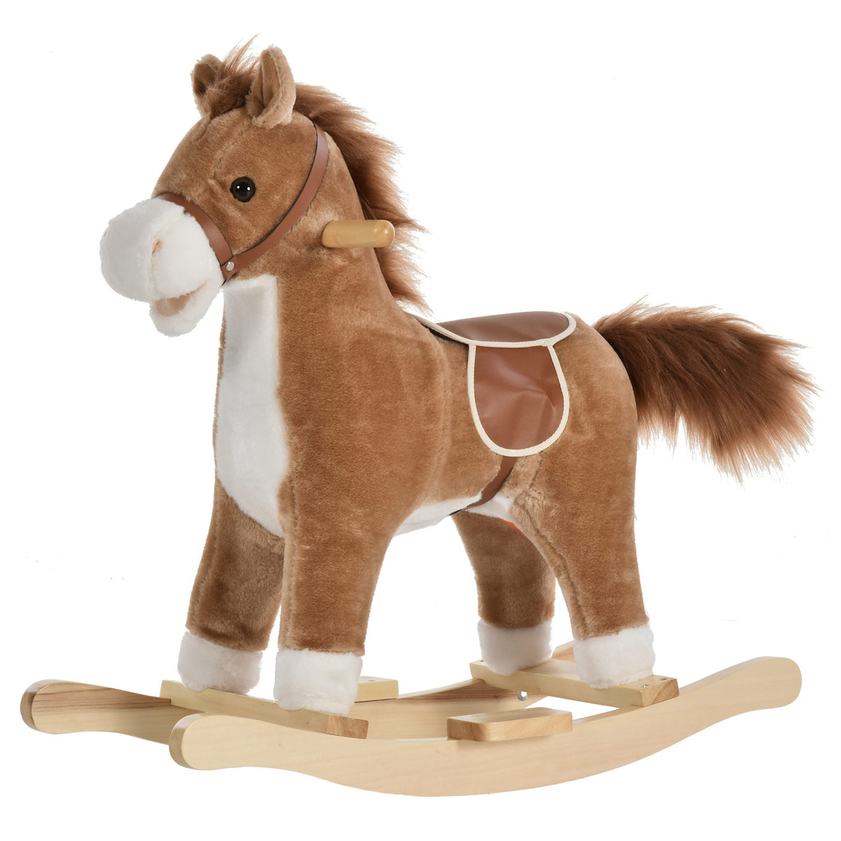 Rocking Horse Plush Animal on Wooden Rockers, Baby Rocking Chair with Sounds, Moving Mouth, Wagging Tail, Brown
