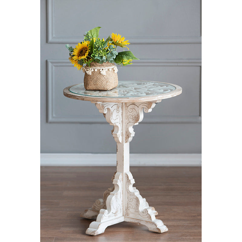 Round Wooden Carved Table - Distressed White Finish Design 24x28.5"