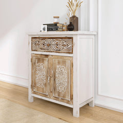 Rustic Wood Carved Cabinet with 1 Drawer and 2 Doors Vintage Accent