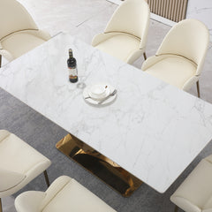 Stone Dining Table with Carrara White color and Round special shape stainless steel Gold Pedestal Base