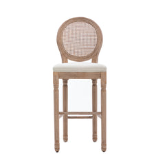French Country Wooden Barstools Rattan Back With Upholstered Seating (Set of 2) - Beige and Natural