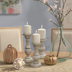 Turned Design Wooden Candle Holder with Distressed Details (Set of 3) - White