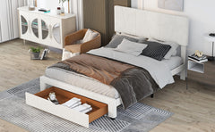 Queen Size Upholstery Platform Bed with One Drawer, Adjustable Headboard - Beige