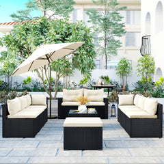9-piece Outdoor Patio Large Wicker Sofa Set, Rattan Sofa set - Black wicker + Beige Cushion