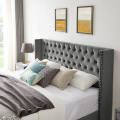King Bed + 1 Nightstand - Button designed Headboard
