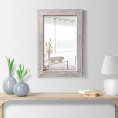 Rectangular Wooden Frame Wall Mirror, Grain Details - Antique White