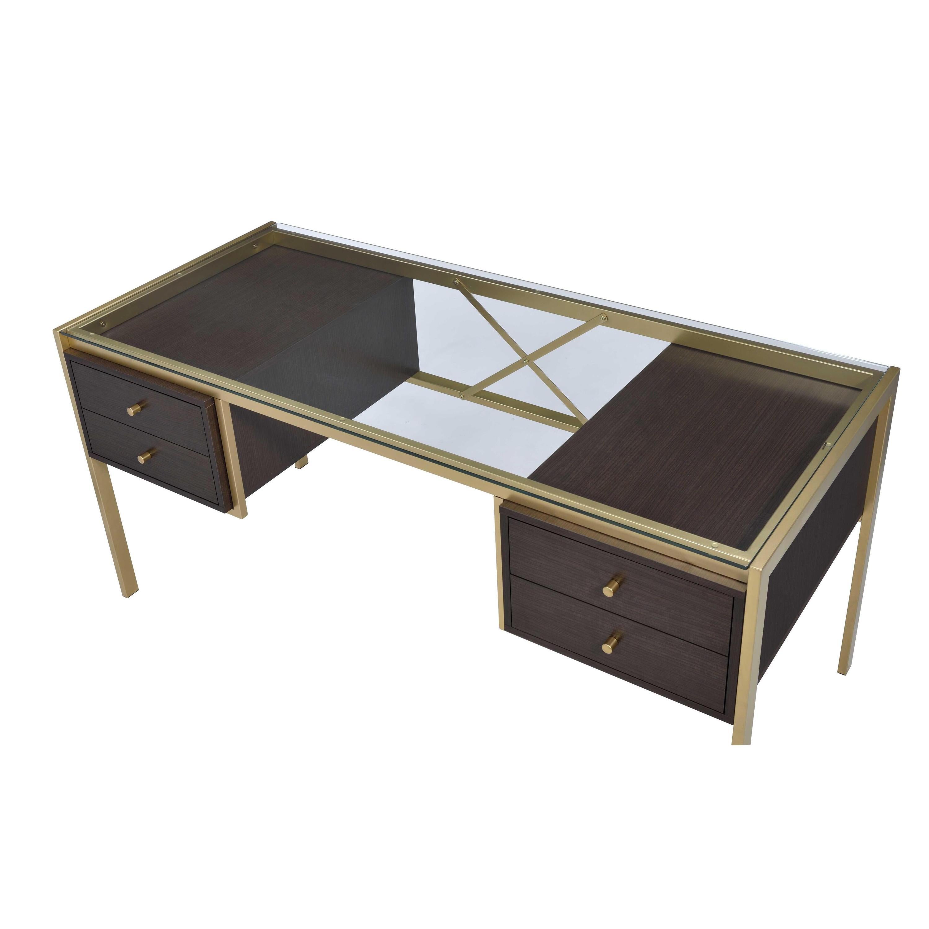 Clear Glass with Metal Frame Desk - Gold & Brown finish