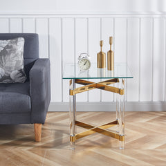 Gold Stainless Steel With Acrylic Frame Clear Glass Top End Table