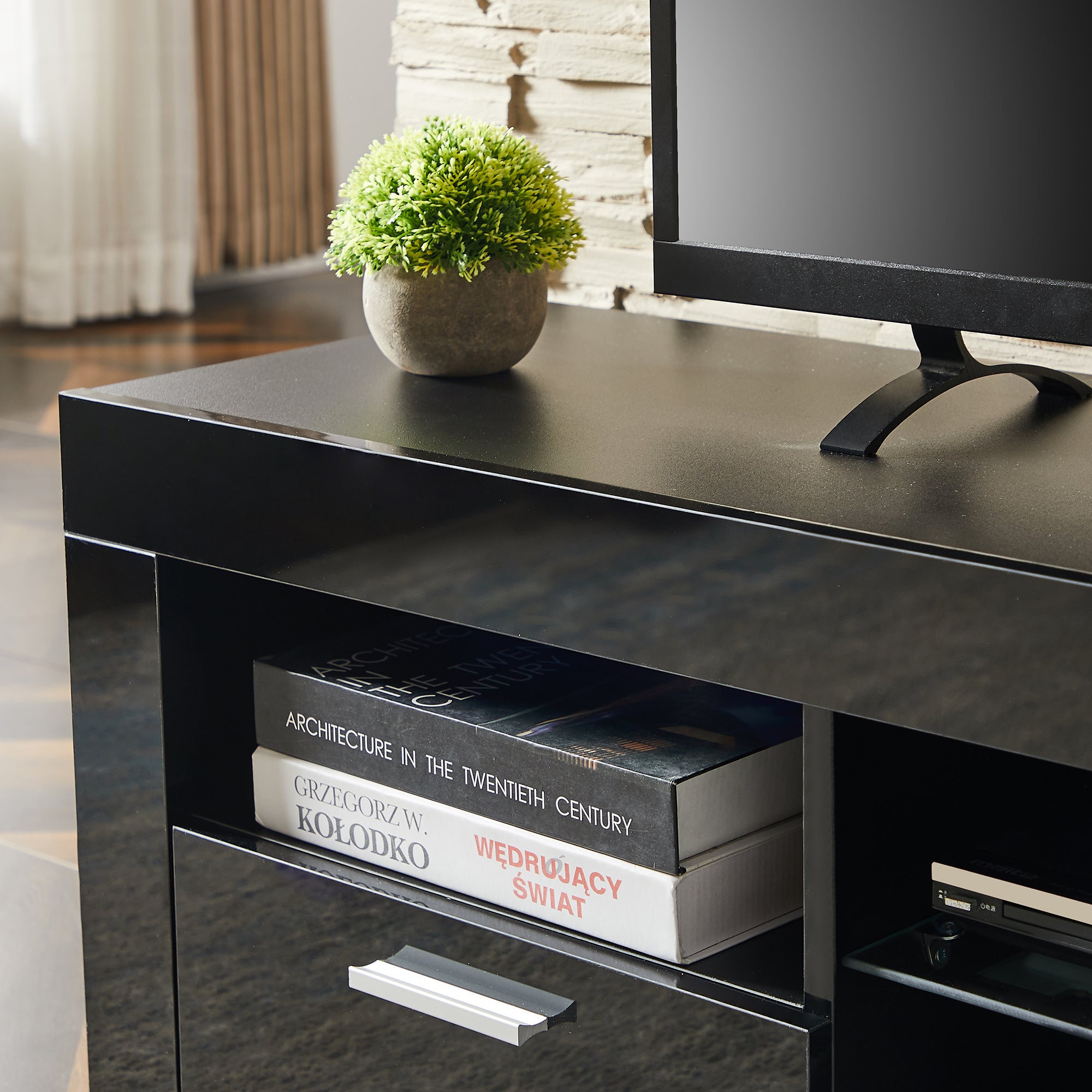 Modern TV Stand with LED Lights, high glossy - Black