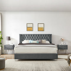 King Bed + 1 Nightstand - Button designed Headboard