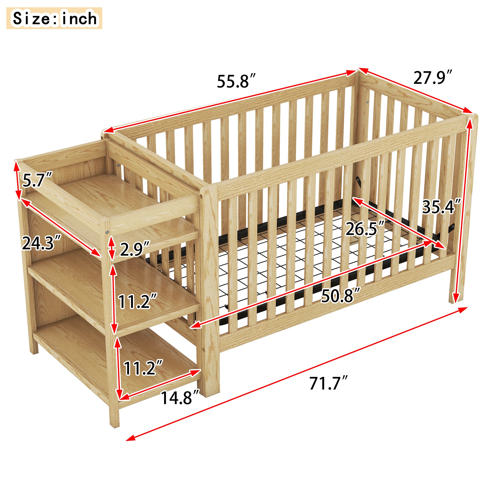 Convertible Crib/Full Size Bed with Changing Table - Natural