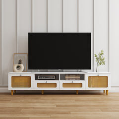 Farmhouse Rattan TV Stand Modern Wood with 2 Doors and 2 Open Shelves - White