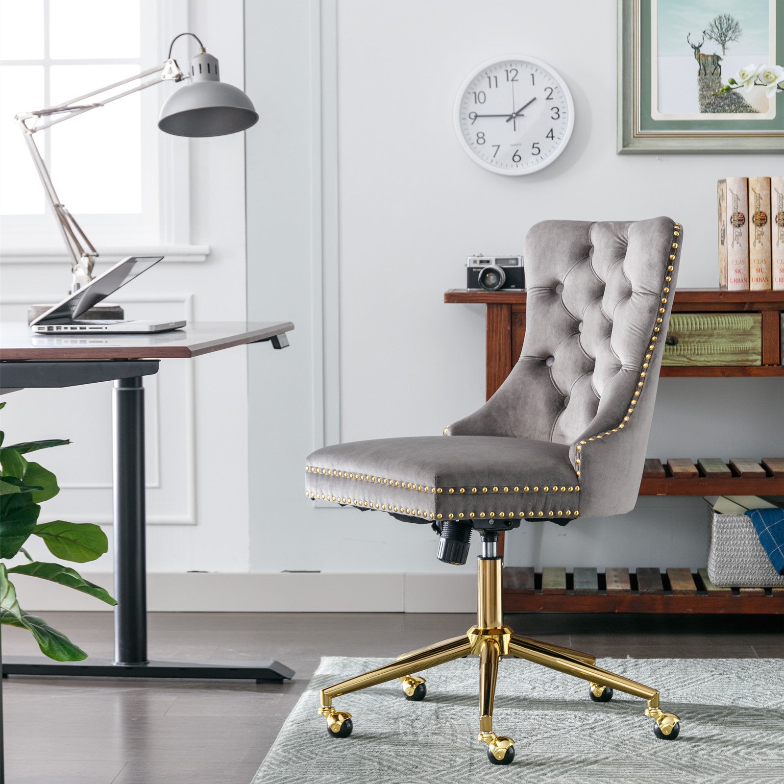 Velvet Upholstered Tufted Button Home Office Chair with Golden Metal Base - Grey