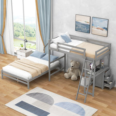 Twin over Full Bunk Bed with Built-in Desk and Three Drawers - Grey