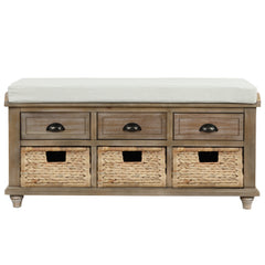 Rustic Storage Bench with 3 Drawers and 3 Rattan Baskets- White Washed