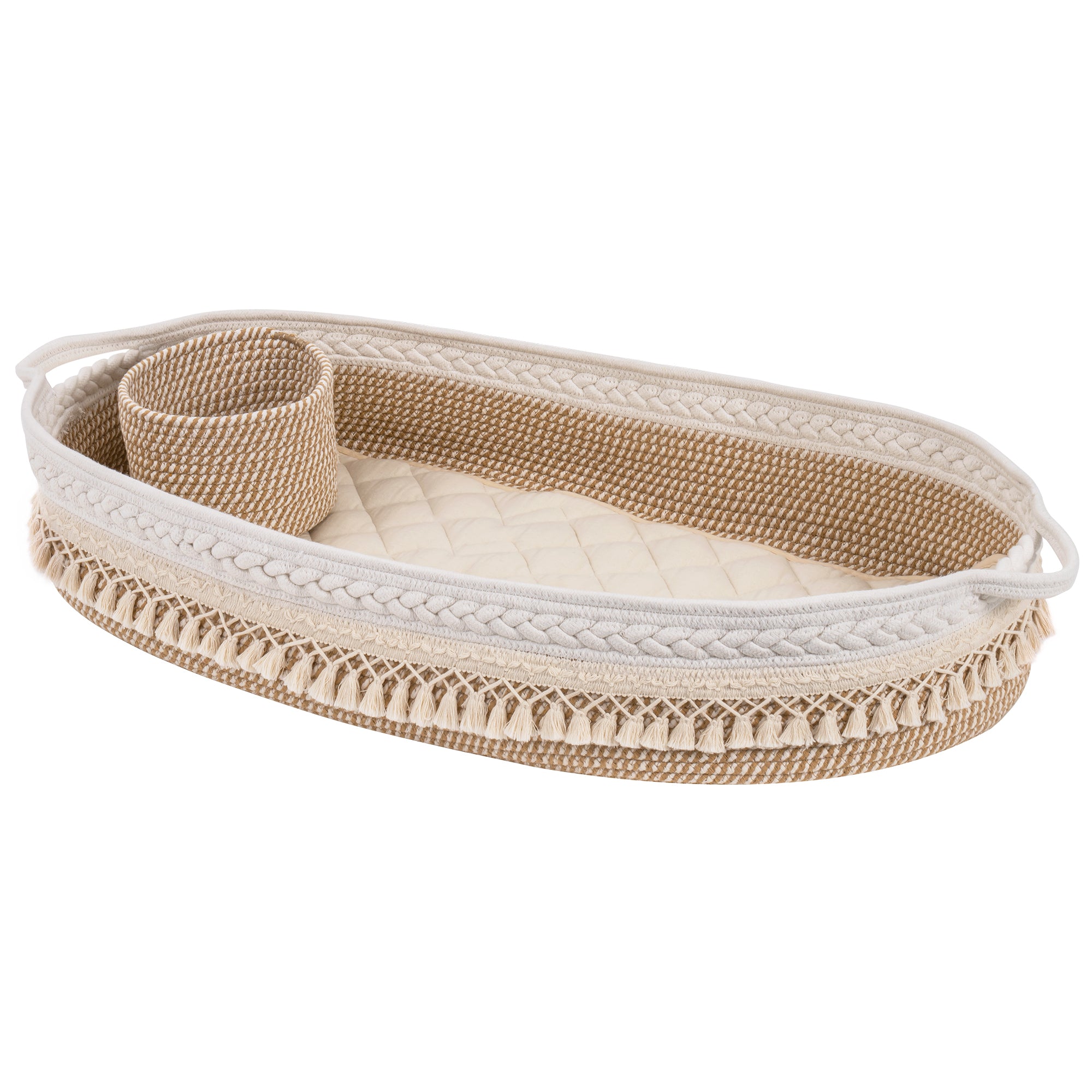 Baby Changing Handmade Woven Cotton Rope Moses Basket - Beige & Brown