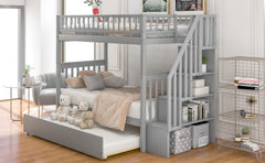 Twin over Twin Bunk Bed with Trundle and Storage -  Gray