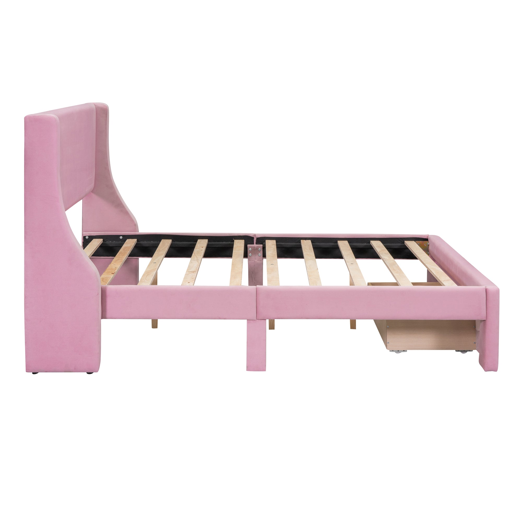 Full Size Storage Bed Velvet Upholstered Platform Bed with a Big Drawer - Pink