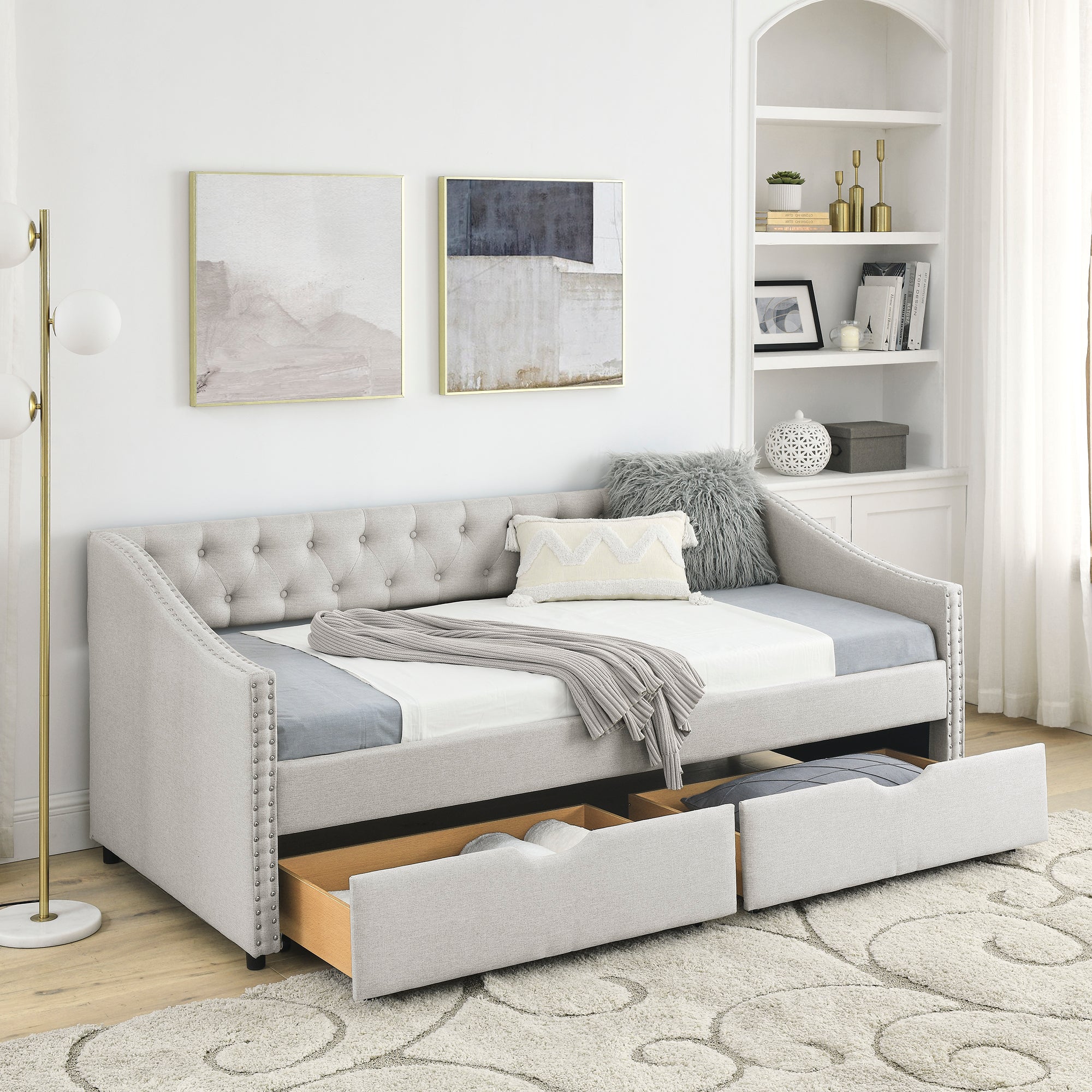 Twin Size Daybed with Drawers Upholstered Tufted Sofa Bed - Beige