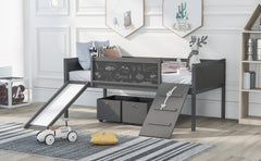 Twin size Loft Wood Bed with Two Storage Boxes - Gray