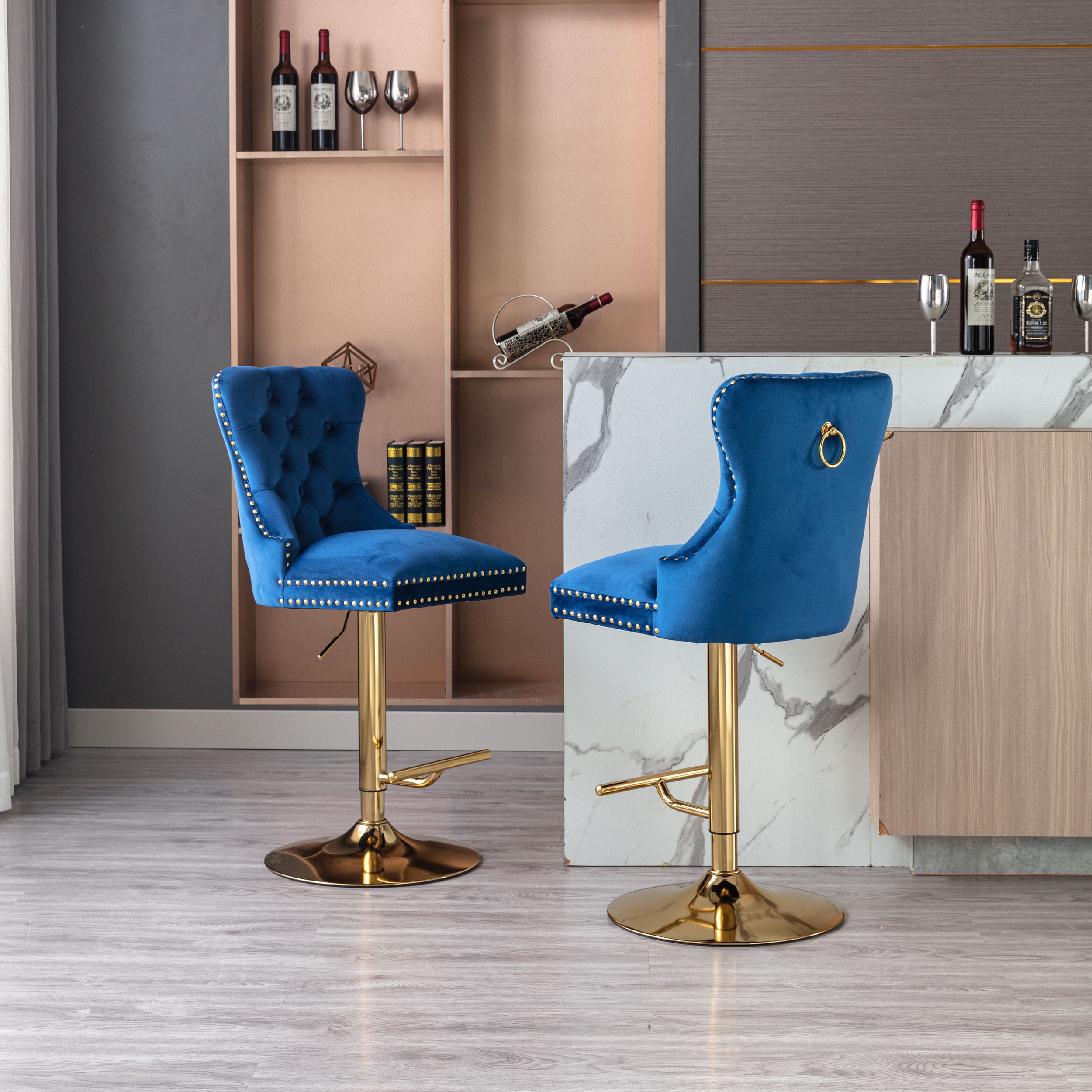 Modern Swivel Bar Stools Chair Adjustable (Set of 2) - Chrome Golden Base/ Blue