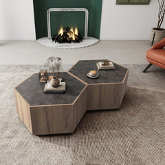 Hexagonal Rural Style Garden Retro Living Room Coffee Table with 2 drawers - Textured Black + Warm Oak