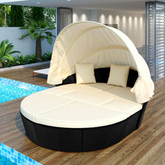 Outdoor Rattan Daybed Sunbed with Retractable Canopy Wicker - Beige