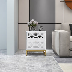 Small Bedside Table with 2 Drawers, White Mirrored Nightstand, with Gold Legs