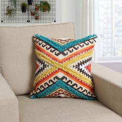 Square Cotton Accent Throw Pillow, Aztec Tribal Inspired Pattern, Trimmed Fringes 18x18" - Multicolor