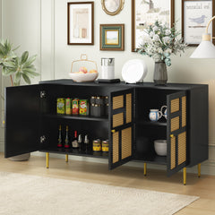 Console with Rattan Door - Black/ Rattan