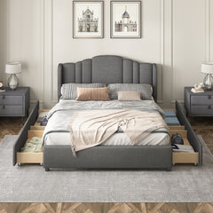 Queen Bed Upholstered Platform with Wingback Headboard and 4 Drawers - Grey