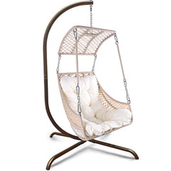 Swing Egg Chair with Stand Indoor Outdoor, UV Resistant Cushion Hanging Chair with Cup Holder - Beige