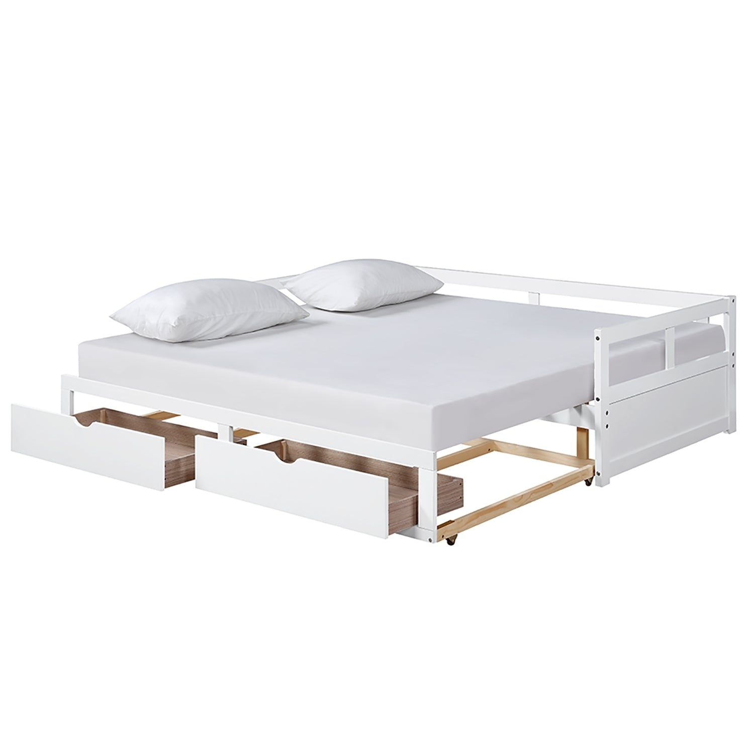 Extendable  Daybed with Trundle Bed and Two Storage Drawers - White