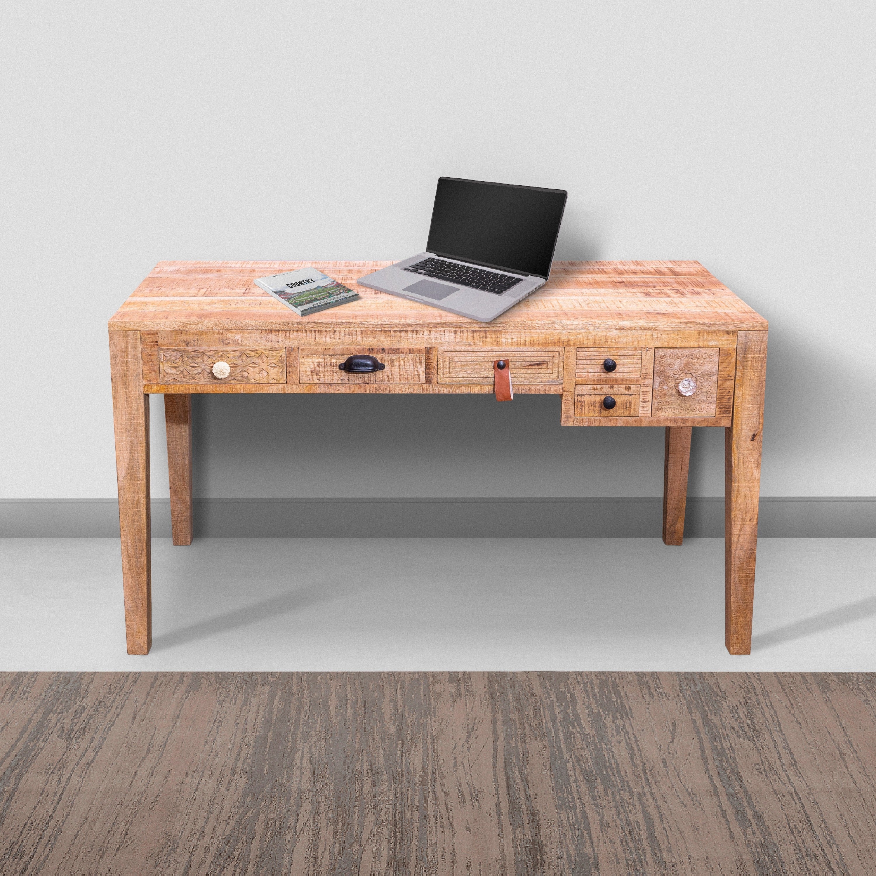 Grained Rustic Boho Mango Wood Desk 6 Drawer with Straight Legs - Weathered Brown